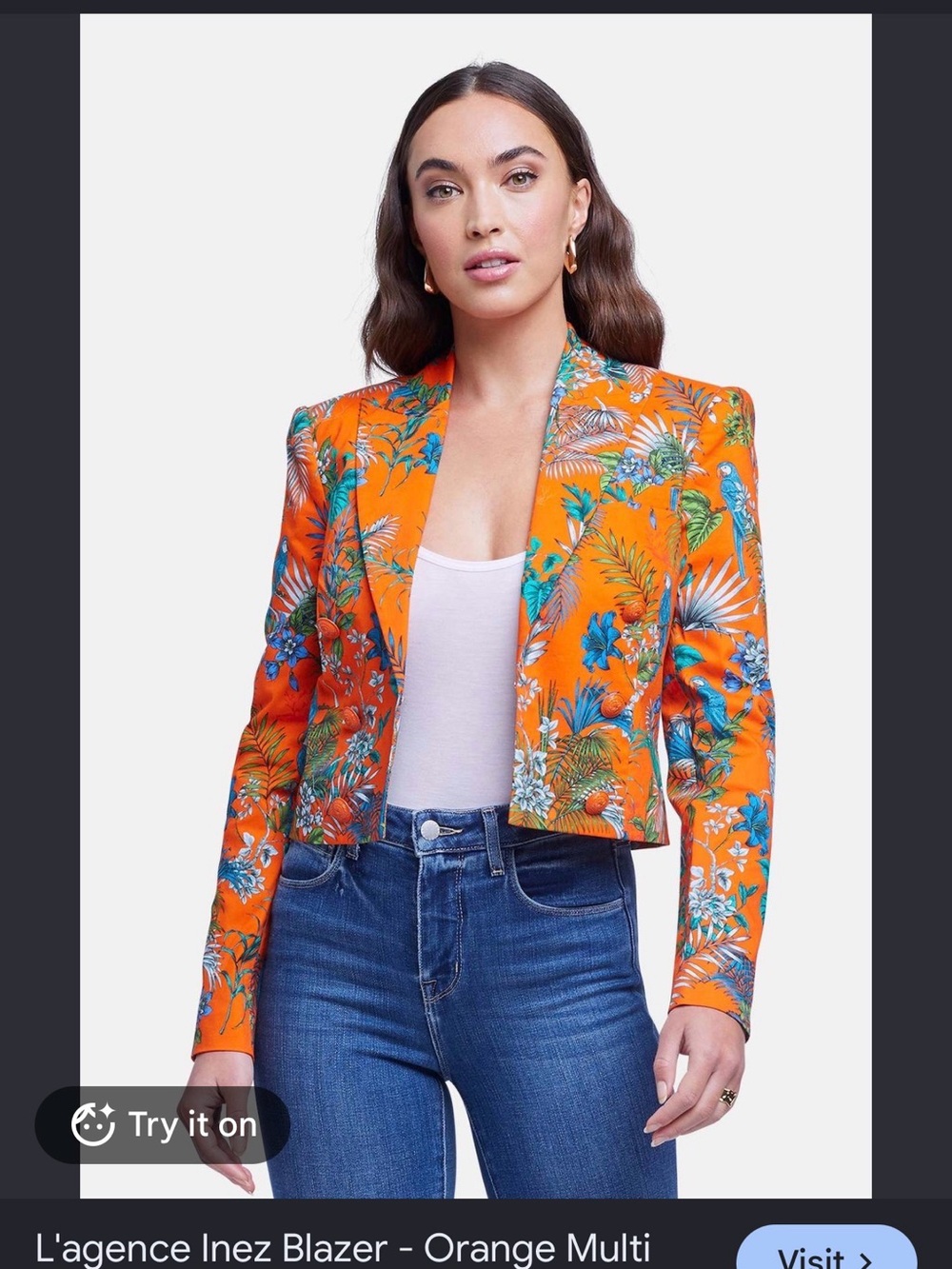 L'AGENCE Inez Orange Tropical Parrot Print Cropped Blazer